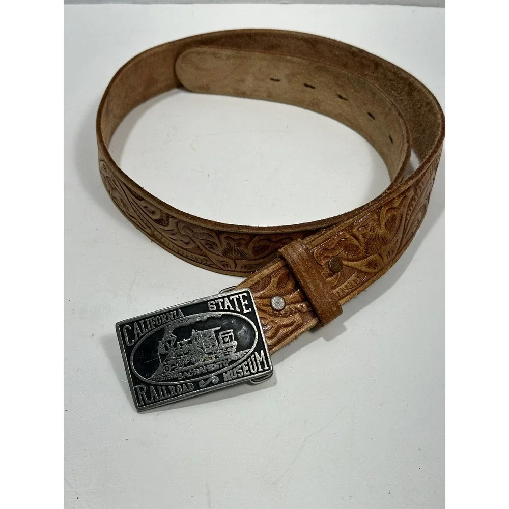 California State Railroad Museum Belt Buckle Sacramento On Leather Embossed Belt